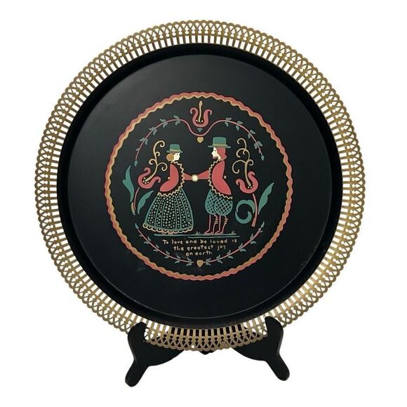 Vtg Toile Ware 1950s Toleware Tray 15" Black & Gold Cutout Metal Hand-painted - Picture 2 of 9